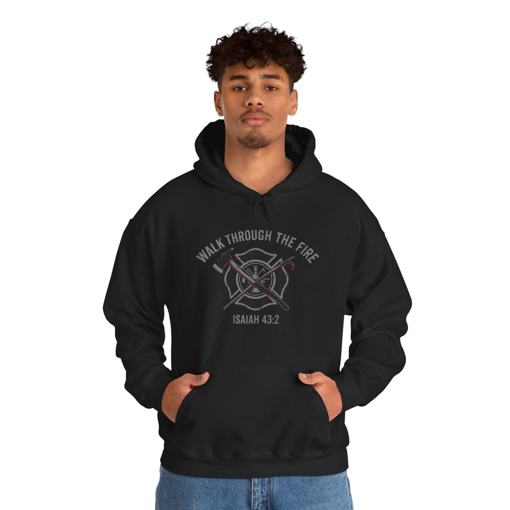 Walk Through the Fire Firefighter Christian Hoodie | Isaiah 43:2 Faith Hoodie | Heavyweight Fleece Workwear Hoodie