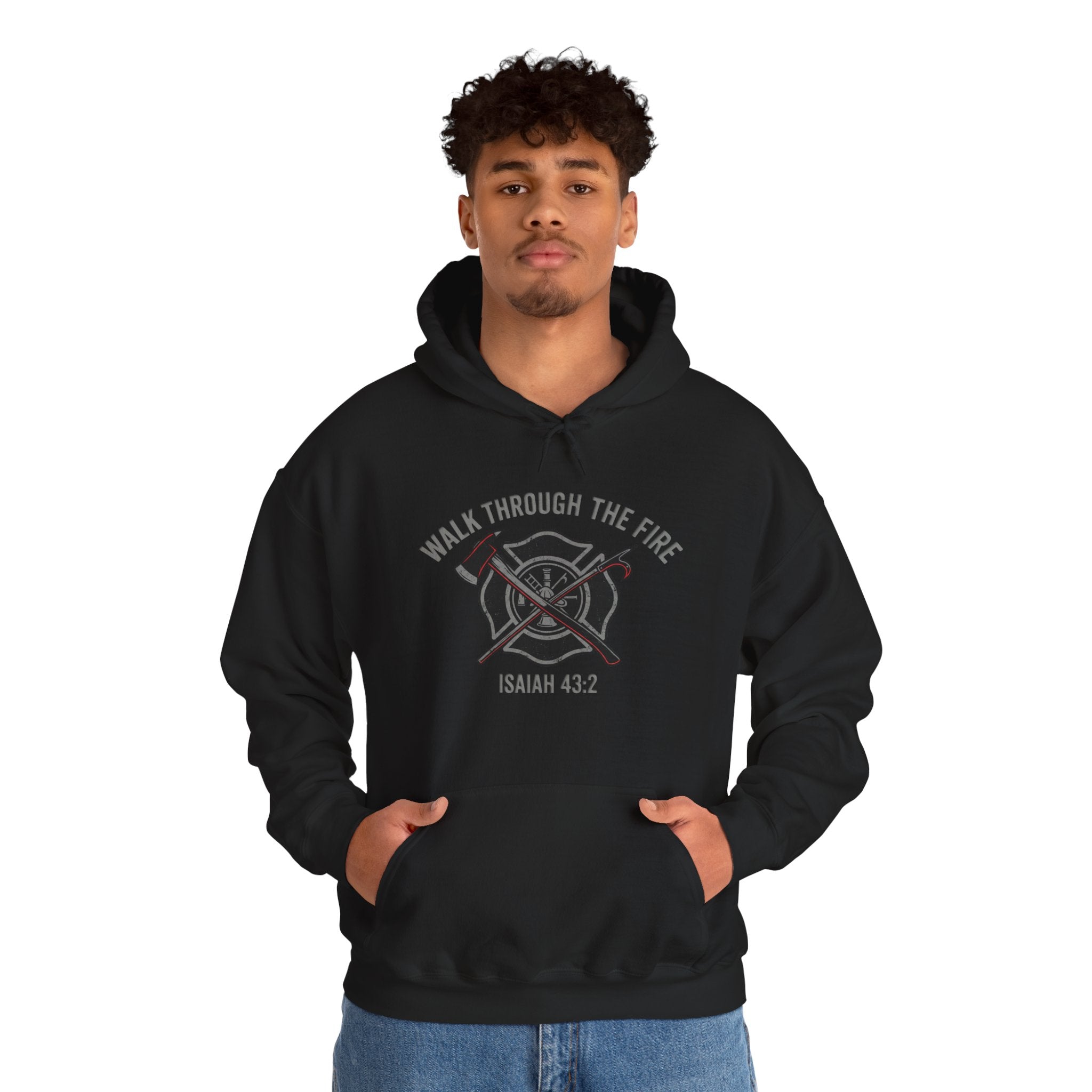 Walk Through the Fire Firefighter Christian Hoodie | Isaiah 43:2 Faith Hoodie | Heavyweight Fleece Workwear Hoodie