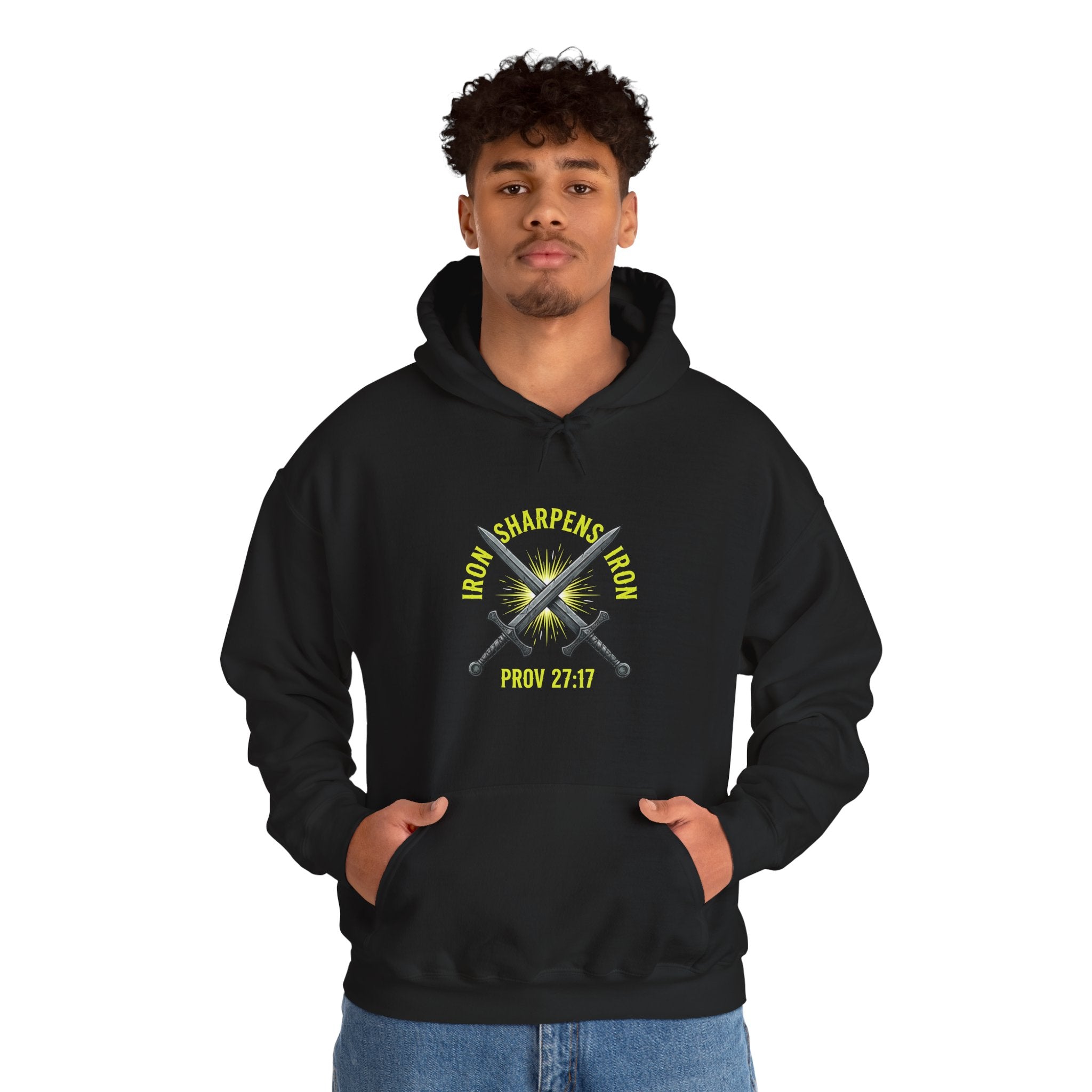 Proverbs 27:17 Hoodie – Iron Sharpens Iron Christian Heavyweight Hoodie for Men | Faith, Brotherhood & Craft