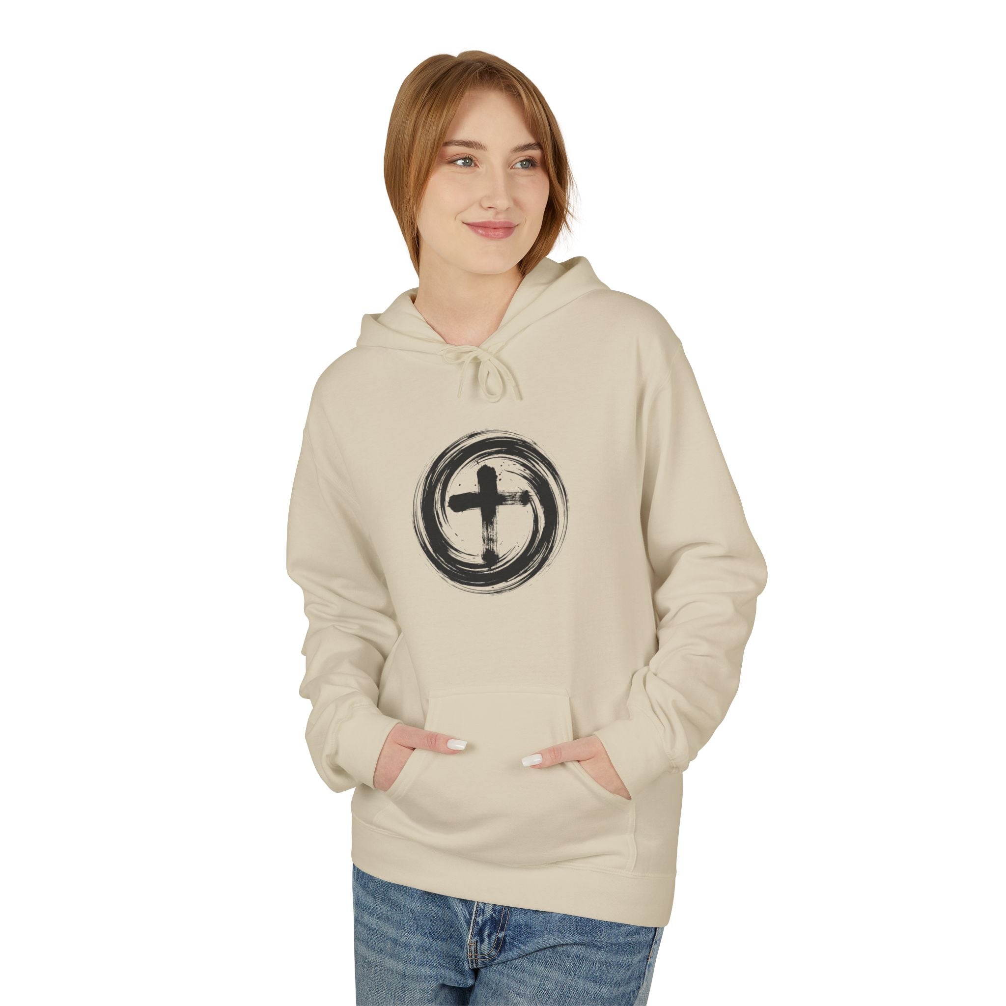 Unisex Midweight Dynamic Cross Hoodie – Modern Christian Art Streetwear, Spiritual Japanese Ink Design