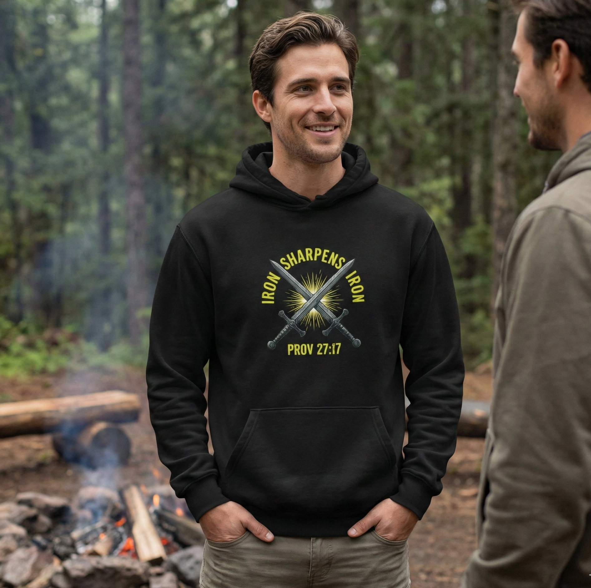 Proverbs 27:17 Hoodie – Iron Sharpens Iron Christian Heavyweight Hoodie for Men | Faith, Brotherhood & Craft