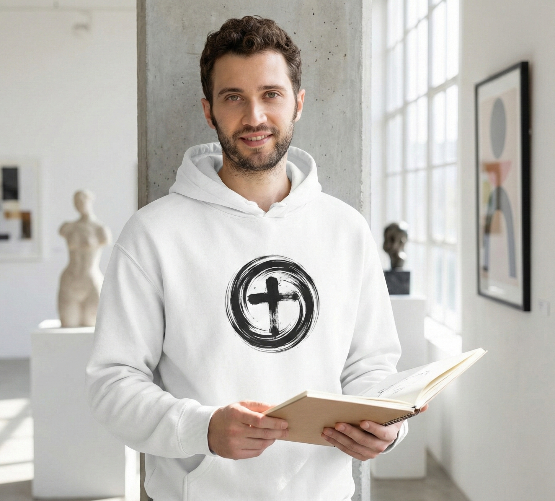 Unisex Midweight Dynamic Cross Hoodie – Modern Christian Art Streetwear, Spiritual Japanese Ink Design