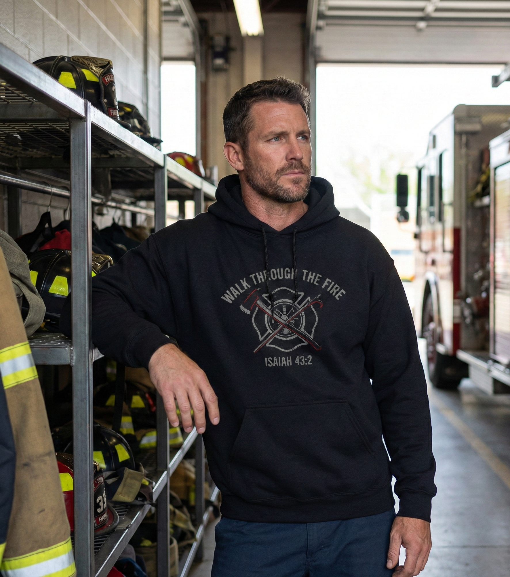 Walk Through the Fire Firefighter Christian Hoodie | Isaiah 43:2 Faith Hoodie | Heavyweight Fleece Workwear Hoodie