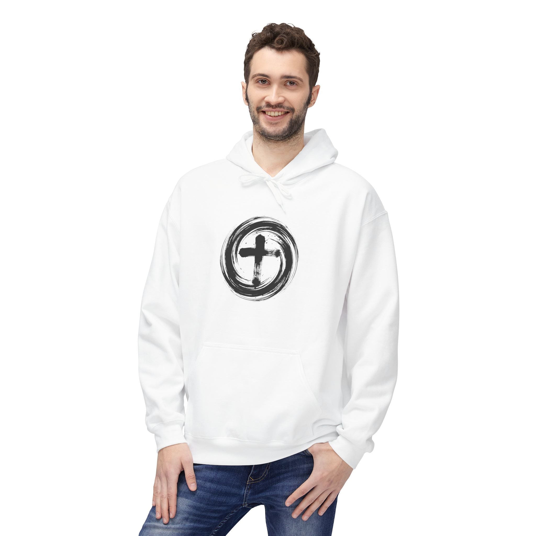 Unisex Midweight Dynamic Cross Hoodie – Modern Christian Art Streetwear, Spiritual Japanese Ink Design