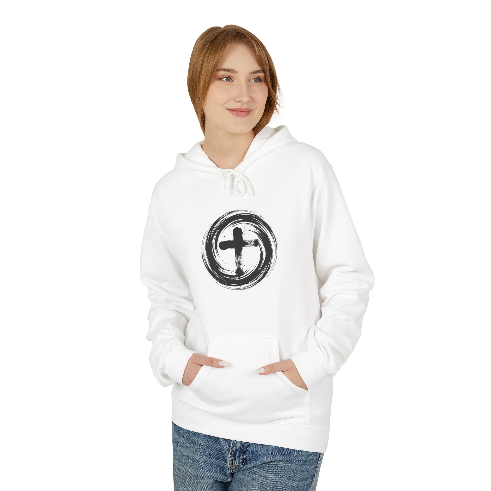 Unisex Midweight Dynamic Cross Hoodie – Modern Christian Art Streetwear, Spiritual Japanese Ink Design