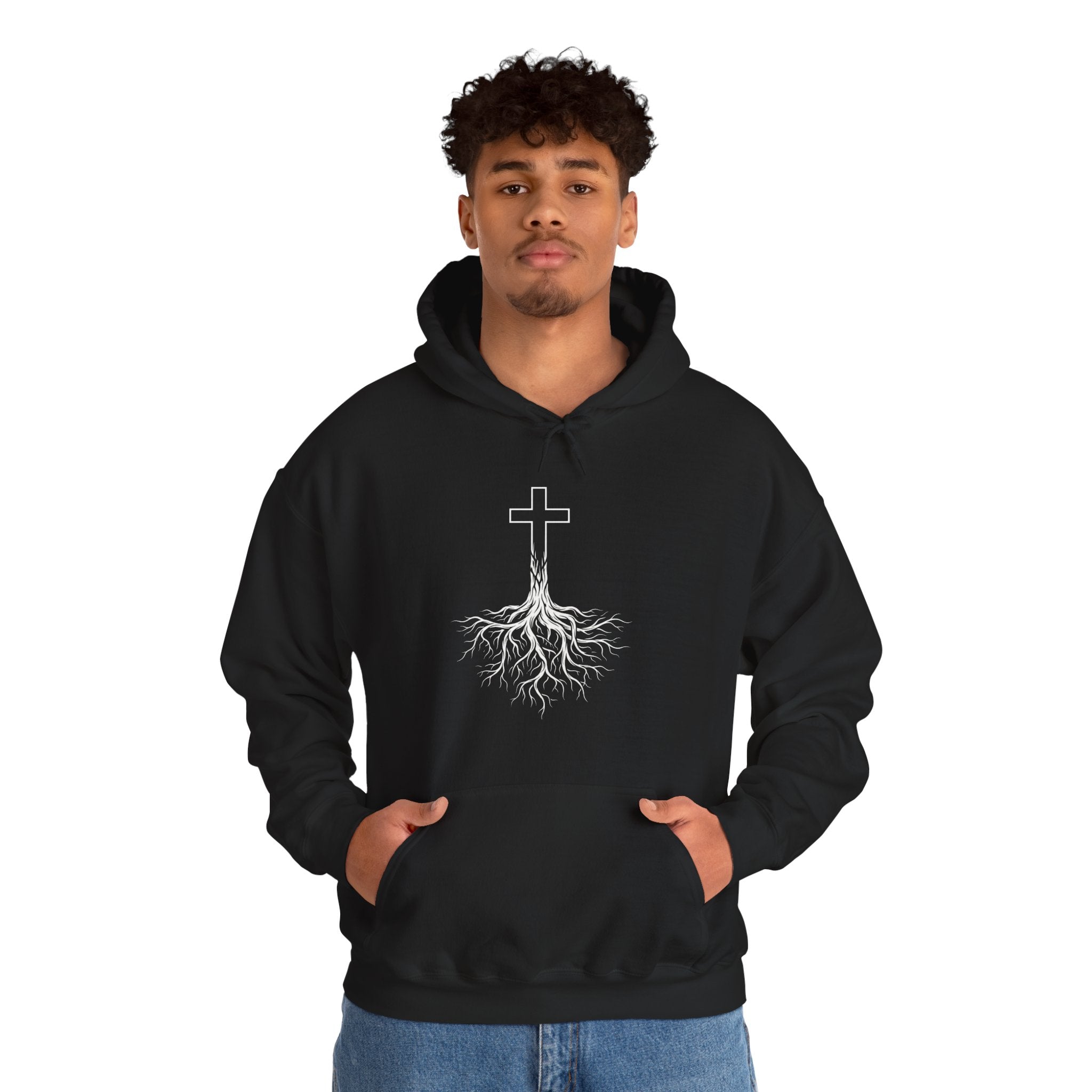 Rooted Cross Hoodie | Christian Faith Streetwear Minimalist Black Hoodie