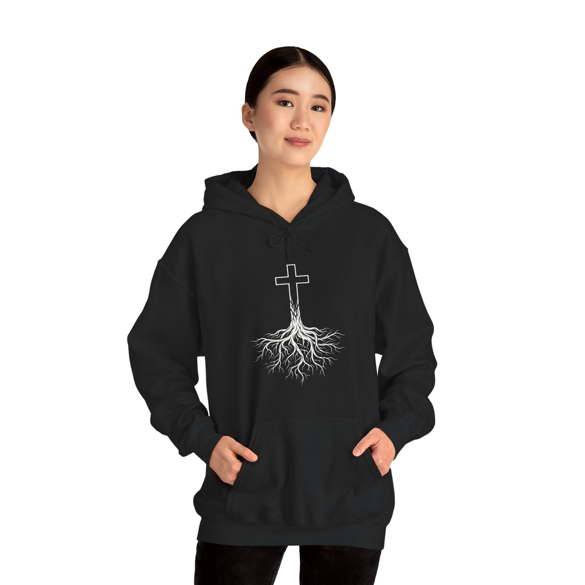 Rooted Cross Hoodie | Christian Faith Streetwear Minimalist Black Hoodie