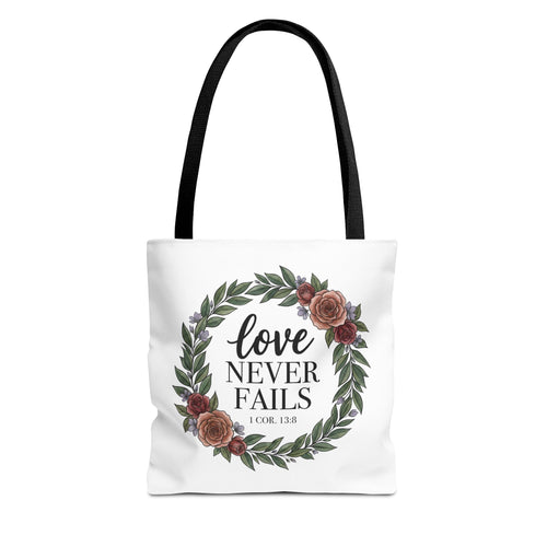 1 Corinthians 13 Tote Bag – “Love Never Fails” Floral Christian Scripture Tote | Faith Gift Bag
