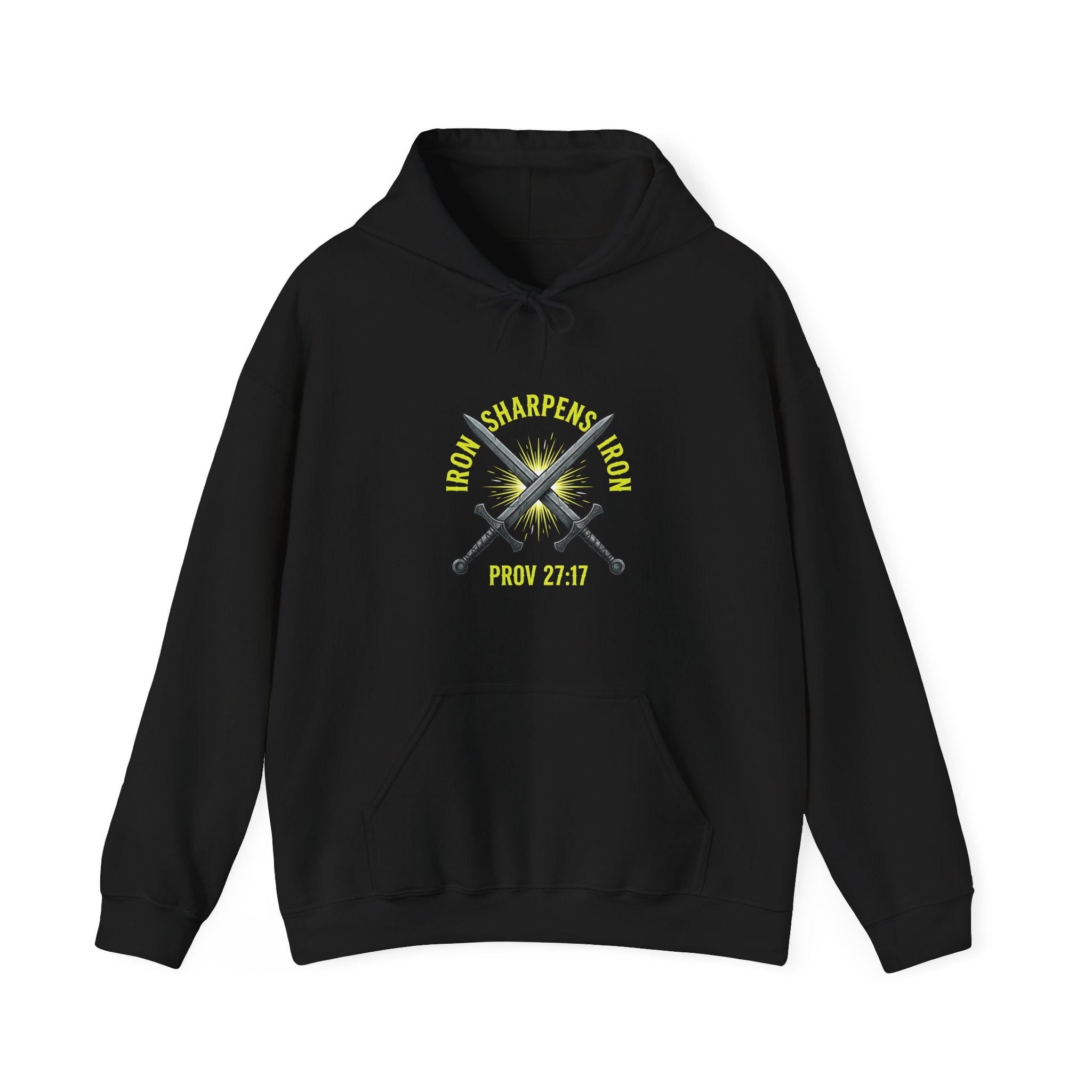 Proverbs 27:17 Hoodie – Iron Sharpens Iron Christian Heavyweight Hoodie for Men | Faith, Brotherhood & Craft